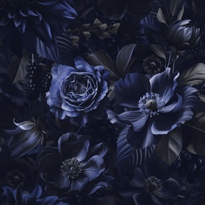 Opulent Baroque Maximalist Flowers Moody Monochrome  Midnight Blue