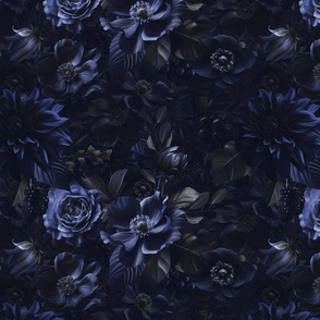 Opulent Baroque Maximalist Flowers Moody Monochrome  Midnight Blue Smaller Scale