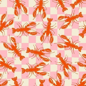 Crustacean Core - Tossed Lobsters on Pretty Pink Checks - 12x12 inch repeat