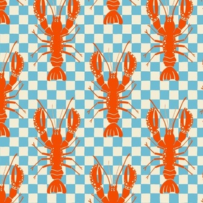 Crustacean Core - Cooked Lobsters on Ocean Blue Checks - 10x10 inch repeat