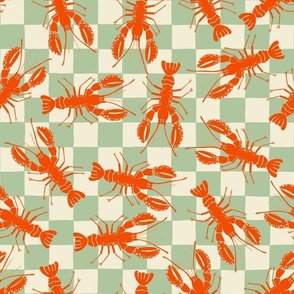 Crustacean Core - Tossed Lobsters on Seafoam Green Checks - 12x12 inch repeat