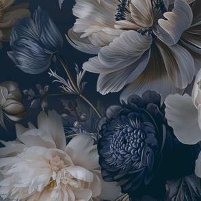 Bloomy Baroque Regency Flower Pattern Ivory Blue 