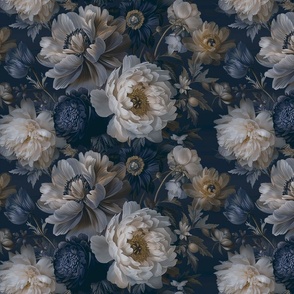 Bloomy Baroque Regency Flower Pattern Ivory Blue Smaller Scale