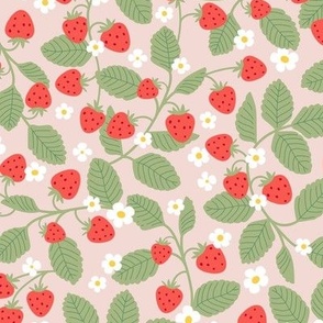 Ditsy flowers and strawberries - cute fruit garden boho strawberry patch deisgn vintage red green on beige sand