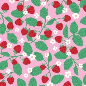 Ditsy flowers and strawberries - cute fruit garden boho strawberry patch deisgn vintage red jade green on pink