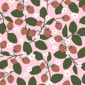 Ditsy flowers and strawberries - cute fruit garden boho strawberry patch deisgn vintage red pine green on pink