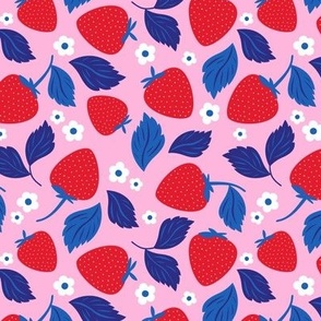 Strawberry garden - Summer fruits blossom and leaves cute botanical girls design blue red on pink 