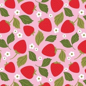 Strawberry garden - Summer fruits blossom and leaves cute botanical girls design red green on pink 