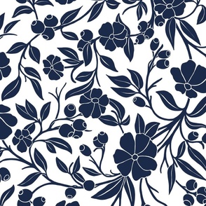 Courtyard Flora in navy indigo blue on white coastal chic floral