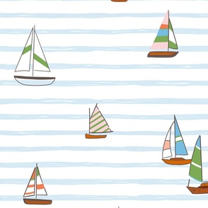 Rosemary Beach Large Scale Florida Sailboats on Pale Blue Stripes