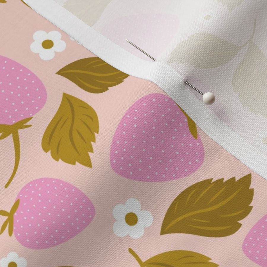 Strawberry garden - Summer fruits blossom and leaves cute botanical girls design olive green pink on blush 