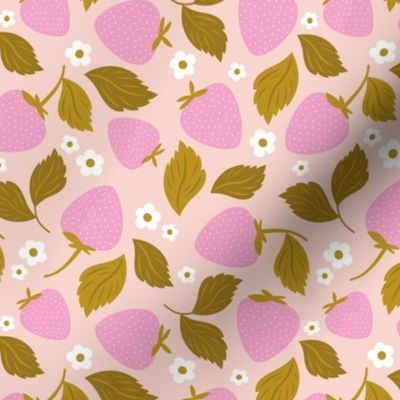 Strawberry garden - Summer fruits blossom and leaves cute botanical girls design olive green pink on blush 