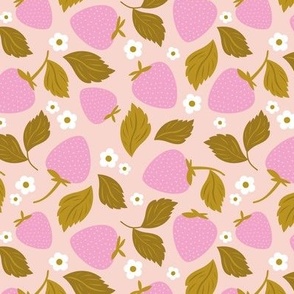 Strawberry garden - Summer fruits blossom and leaves cute botanical girls design olive green pink on blush 