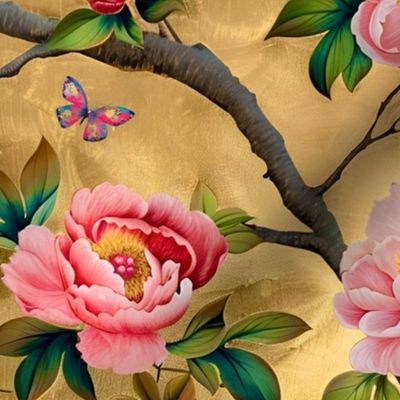 Antique style chinoiserie peonies and butterflies on antiques metallic background