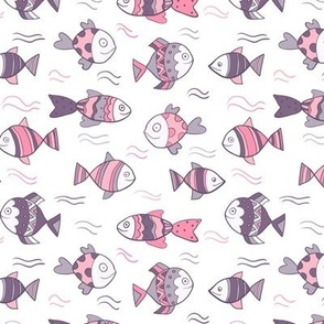 Cute pink and violet fish,  funny summer under the sea doodle ocean animals  