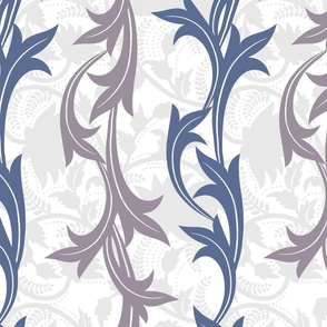 Vertical William Morris Style Leaves in Blue Nova and Hazy Lilac