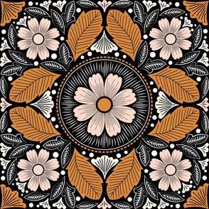 Vintage Botanical Floral Tiles in orange ivory on black background