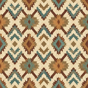 Woven Turquoise Sepia Warm Tan  Native American Blanket Aztec Southwest Inspired Design with Geometric Diamond Patterns