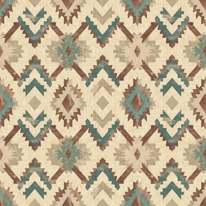 Woven Turquoise Beige Brown  Native American Blanket Aztec Southwest Inspired Design with Geometric Diamond Patterns