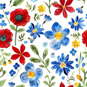 Medium Scale Watercolor Floral in Red and Blue
