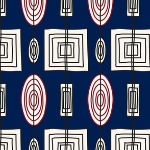 Oval and rectangle handdrawn linework strings – black and red stripes with off-white on dark blue background – large (L) scale – vintage, geometric, lineart, antique, sophisticated