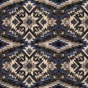 Woven Rug with Medallion Native American Southwest Indian Aztec Blanket Design in Dark Blue and Gray