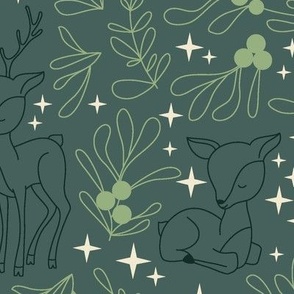Medium - Boho Christmas Botanicals with Deer and Stars on asparagus green