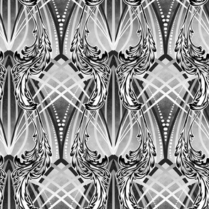 Vintage Glamour Art Deco Scallop with Acanthus Leaves, Black and White, designed for Metallic Wallpaper