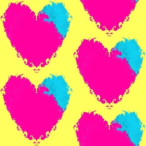 Hand painted Watercolor Pink Blue Hearts Yellow Background