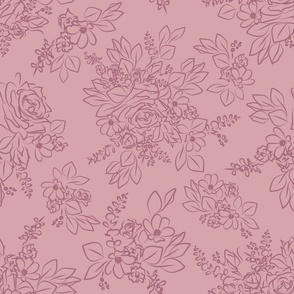 Outlined Floral Compositions in Mauve on Dusty Pink Large scale