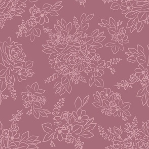 Outlined Floral Compositions in Light Pink on Dark Mauve Large scale