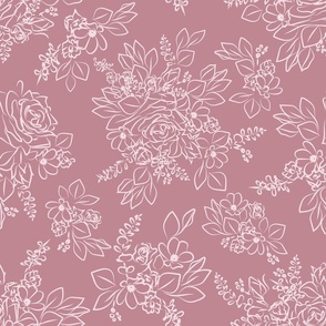 Outlined Floral Compositions in Pale Pink on Dusty Rose Large scale