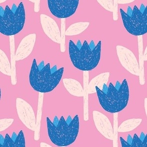 Chunky abstract tulips in charcoal - raw spring garden retro scandinavian style blue on pink