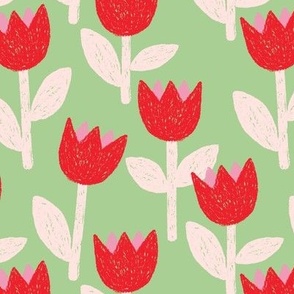 Chunky abstract tulips in charcoal - raw spring garden retro scandinavian style red on matcha green