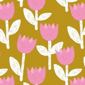 Chunky abstract tulips in charcoal - raw spring garden retro scandinavian style pink on mustard yellow