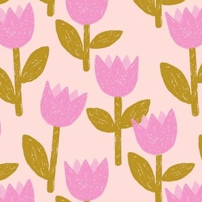 Chunky abstract tulips in charcoal - raw spring garden retro scandinavian style pink mustard on cream blush