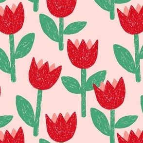 Chunky abstract tulips in charcoal - raw spring garden retro scandinavian style red green on blush
