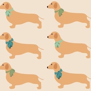 Dachshunds With Teal Bows on Cream