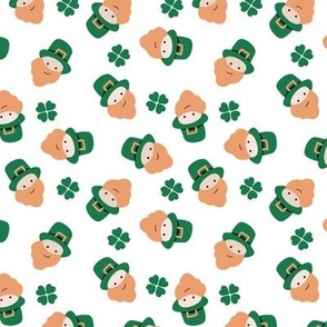Cutesy leprechaun Irish St. Patrick's Day mascotte and shamrock pine green orange on white