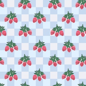 Whimsical  Watercolor Strawberries with Nature Botanical Leaves on a Pastel Gingham Checkerboard - Light Blue 