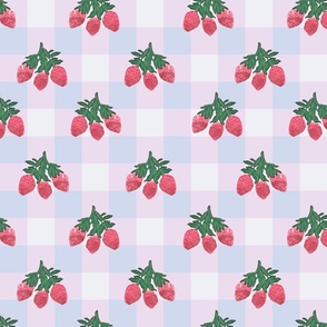 Whimsical  Watercolor Strawberries with Nature Botanical Leaves on a Pastel Gingham Checkerboard - Lavender and Light Pink