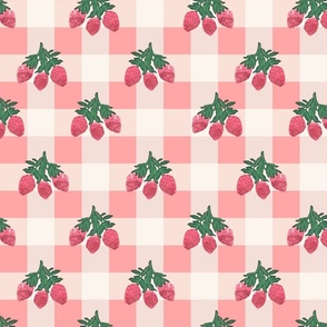 Whimsical  Watercolor Strawberries with Nature Botanical Leaves on a Pastel Gingham Checkerboard - Peach and Cream
