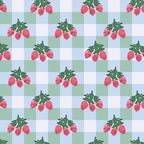 Whimsical  Watercolor Strawberries with Nature Botanical Leaves on a Pastel Gingham Checkerboard - Green and Blue Checks