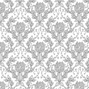 Black and white classic. Glam floral garden. Damask acanthus leaves. Vintage luxurious upholstery.