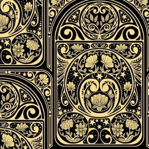 Midnight Garden - Art Nouveau Inspired Pattern - Black and Gold colourway