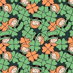 Hide and seek leprechaun in a field of clovers - Irish St Patrick's Day holiday funny kids theme orange green on charcoal gray
