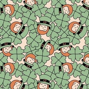 Hide and seek leprechaun in a field of clovers - Irish St Patrick's Day holiday funny kids theme vintage orange sage green