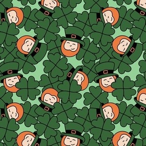 Hide and seek leprechaun in a field of clovers - Irish St Patrick's Day holiday funny kids theme orange green mint