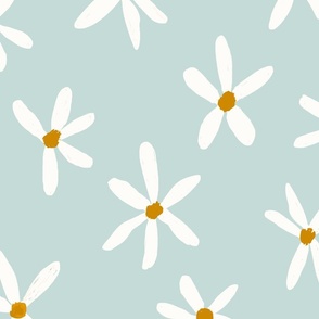 Daisy Garden Daisies Print White, Teal Blue and Mustard Daisy Flowers Baby Spring JUMBO SCALE