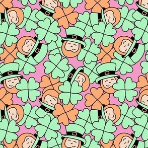 Hide and seek leprechaun in a field of clovers - Irish St Patrick's Day holiday funny kids theme orange mint green on pink